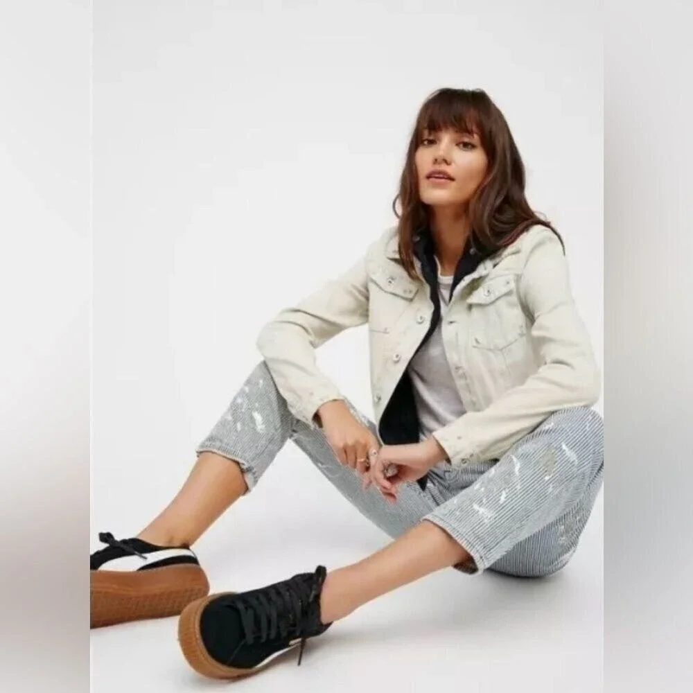 Free People Double Weave Denim Jacket‎ Hoodie Distressed Layered Boho Small - Picture 3 of 9
